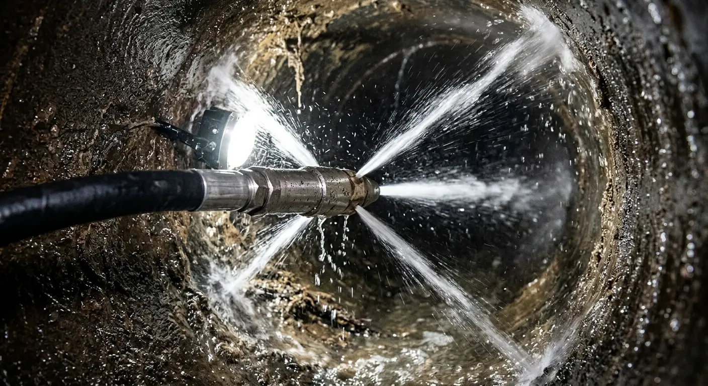 High-pressure hydro jetting nozzle cleaning sewer pipe for Trenchless Sewer Repair in Stowe