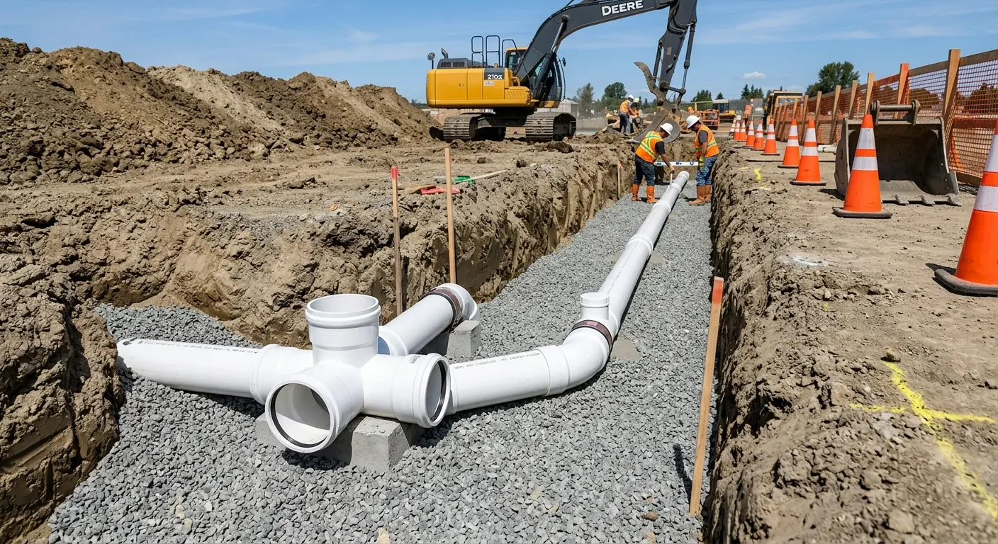 New PVC sewer pipe installation in open trench for Commercial Drain Cleaning in Stowe