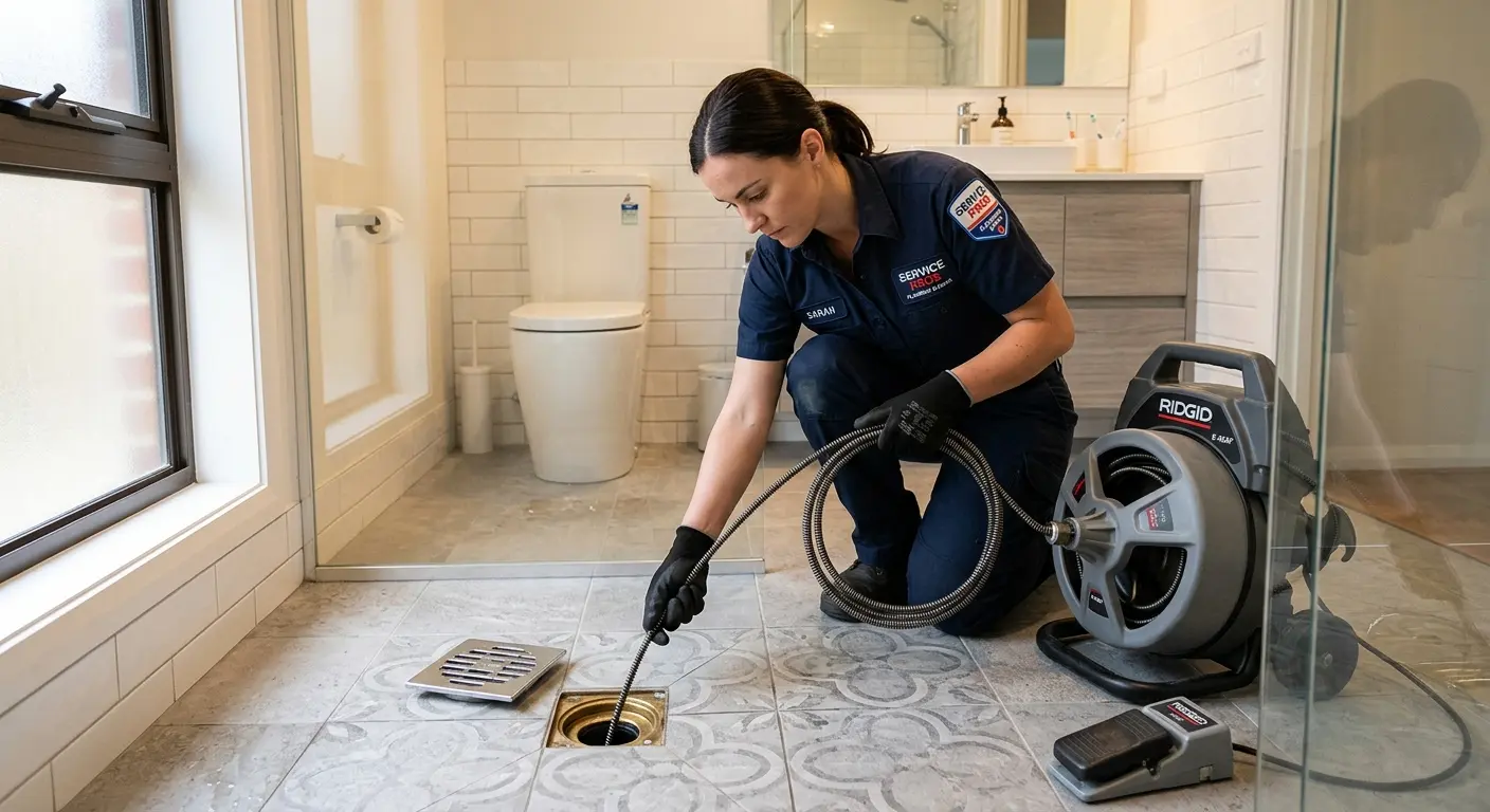 Technician clearing a bathroom floor drain for Hydro Jetting in Stowe